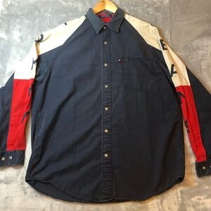 Men's Tommy Hilfiger button down Long Sleeve Shirt Blue/Red/Cream Size Large